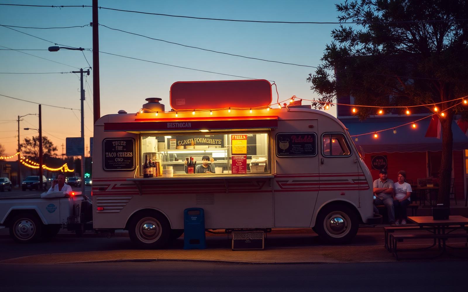 Taqueria Ferrus taco truck at dusk